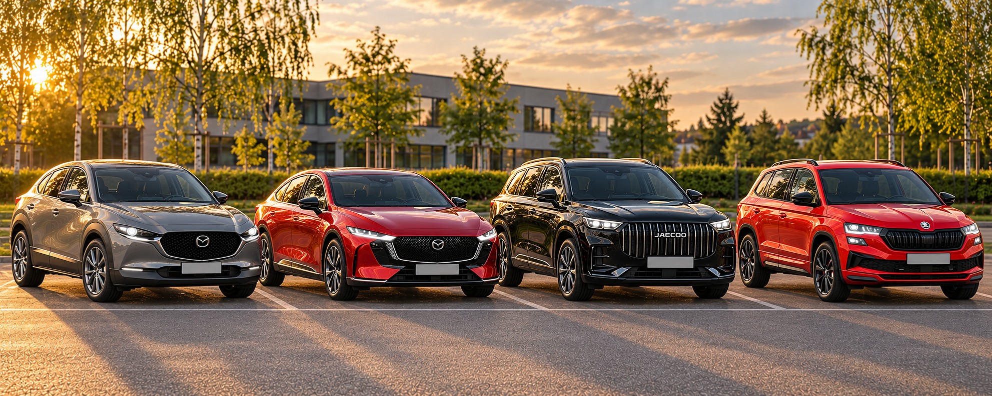 Flota Drive Up Rent: szara Mazda CX-30, czerwona Mazda 6e, czarne JAECOO 8 i czerwona Škoda Karoq Sportline ustawione obok siebie